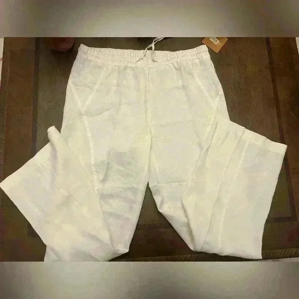 Ellen Tracy Company White 100% Linen Wide Leg Pull on Pants Womens Large